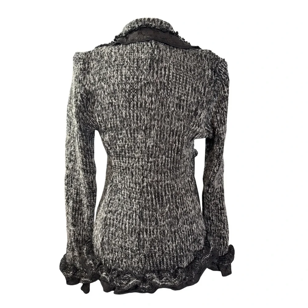 COCO & TASHI Black White Marled Ruffle Lace Cardigan Sweater‎ Women's L Office